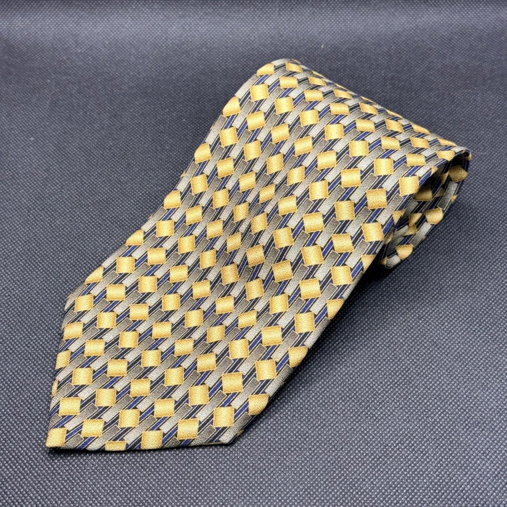 Vintage 1990s Franco Botta Gold Diamond Pattern Silk‎ Tie 4" x 58" Made in Italy
